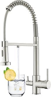 KEOKBON 3 Way Tap with Pull Out Spout(2 Mode) for Kitchen Sink, 3 in 1 Drinking Water Tap, 360° Swivel, Spring Triflow Water Mixer with Water Filter Dual Handle, Nickel Brushed