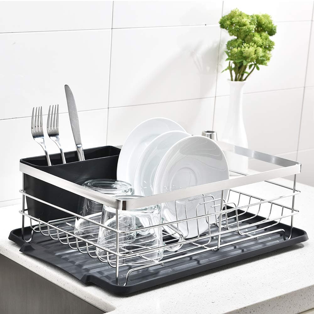 Wtape home Professional Rust-Proof Kitchen Sink Side Antimicrobial Chrome Metal Draining Dish Drying Rack,Dish Rack with Black Drainboard