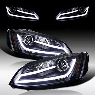 Autozensation Compatible with 2011-2018 Volkswagen Jetta, Left + Right Pair Headlamps Assembly, LED Black Projector Headlights w/LED Light Bar