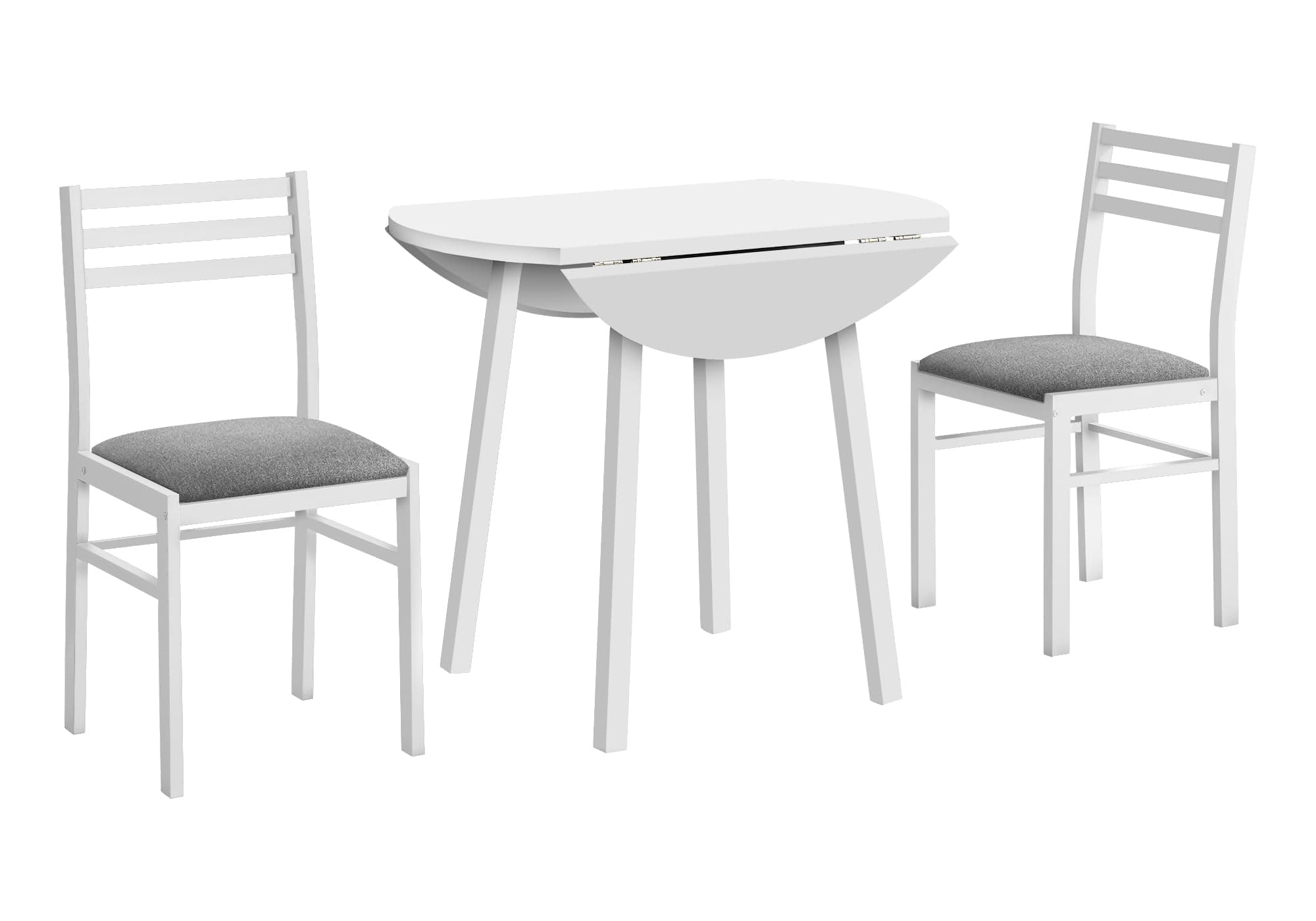 I 1011 Dining Table Set, 3pcs Set, Small, 35" Drop Leaf, Kitchen, White Metal and Laminate, Grey Fabric, Contemporary, Modern
