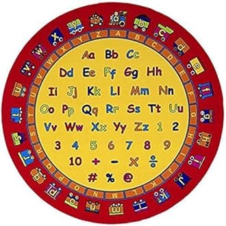 Kids/Baby Room/Daycare/Classroom/Playroom Area Rug. ABC’s Alphabet. Numbers. Train. Educational. Fun. Non-Slip Gel Back. Bright Colorful Vibrant Colors (8 Feet X 8 Feet Round)