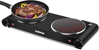 - Cusimax Electric Stove, 1800W Infrared Hot Plate, 7 Inch Ceramic Glass Portable Double Burner Cooktop for Dorm Office Home Camp, Compatible w/All Cookware, Heat-up In Seconds-Upgraded Version
