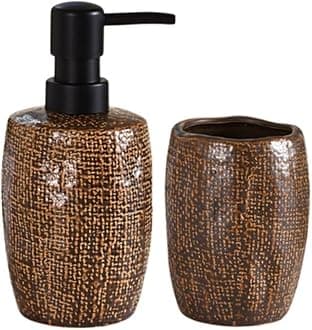 Nestasia Ceramic Bathroom Accessories Set of 2 - Modern Liquid Handwash Soap Dispenser & Toothbrush Holder | Luxury Home Gift, Brown