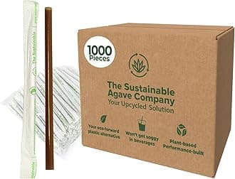 THE SUSTAINABLE AGAVE COMPANY Co - Fiber Drinking Straws - Plastic-Free, Biodegradable, Plant-Based - Brown, Jumbo, 8", Wrapped - 1000 Count