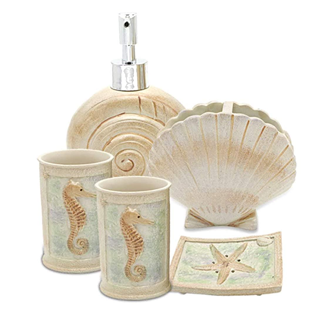 Set, 5 PCS Beach Seashells Ensemble Set Includs Soap Dispenser, Soap Dish, Tumbler, Toothbrush Holder - Ivory Polyresin Set for Home, Office, Superior Hotel