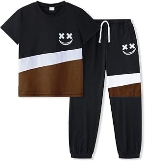 VitaliqueSize 6-12 Years Boys Summer/Spring Outfits Set Short Sleeve T-Shirt & Pants Color Block Clothing Sets