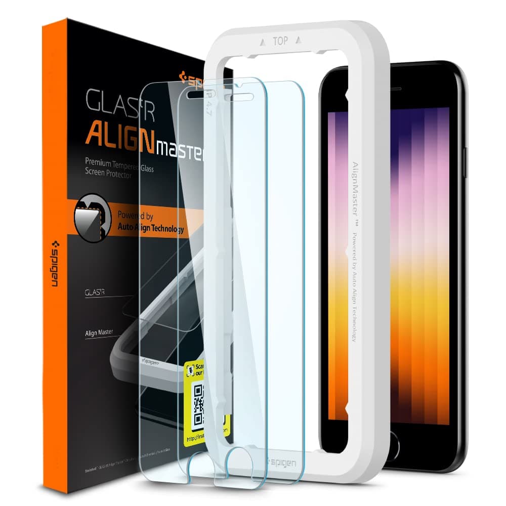 Spigen 2 Pack AlignMaster Tempered Glass Screen Protector for iPhone SE 2022/2020 and iPhone 8/7