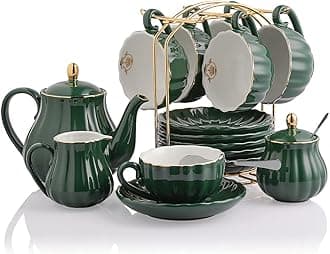 Porcelain Tea Sets British Royal Series, 8 OZ Cups& Saucer Service for 6, with Teapot Sugar Bowl Cream Pitcher Teaspoons and Tea Strainer, Suitable for High Tea, Wedding, Party (Jade)
