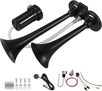 Train Horn for Truck 150db 12V,BANHAO Super Loud Dual Trumpet Truck Air Horn with Compressor, suitable for Any 12V Vehicles Train Car Ship Boat Lorry(12V, Black 2 tube horns with wire and button)