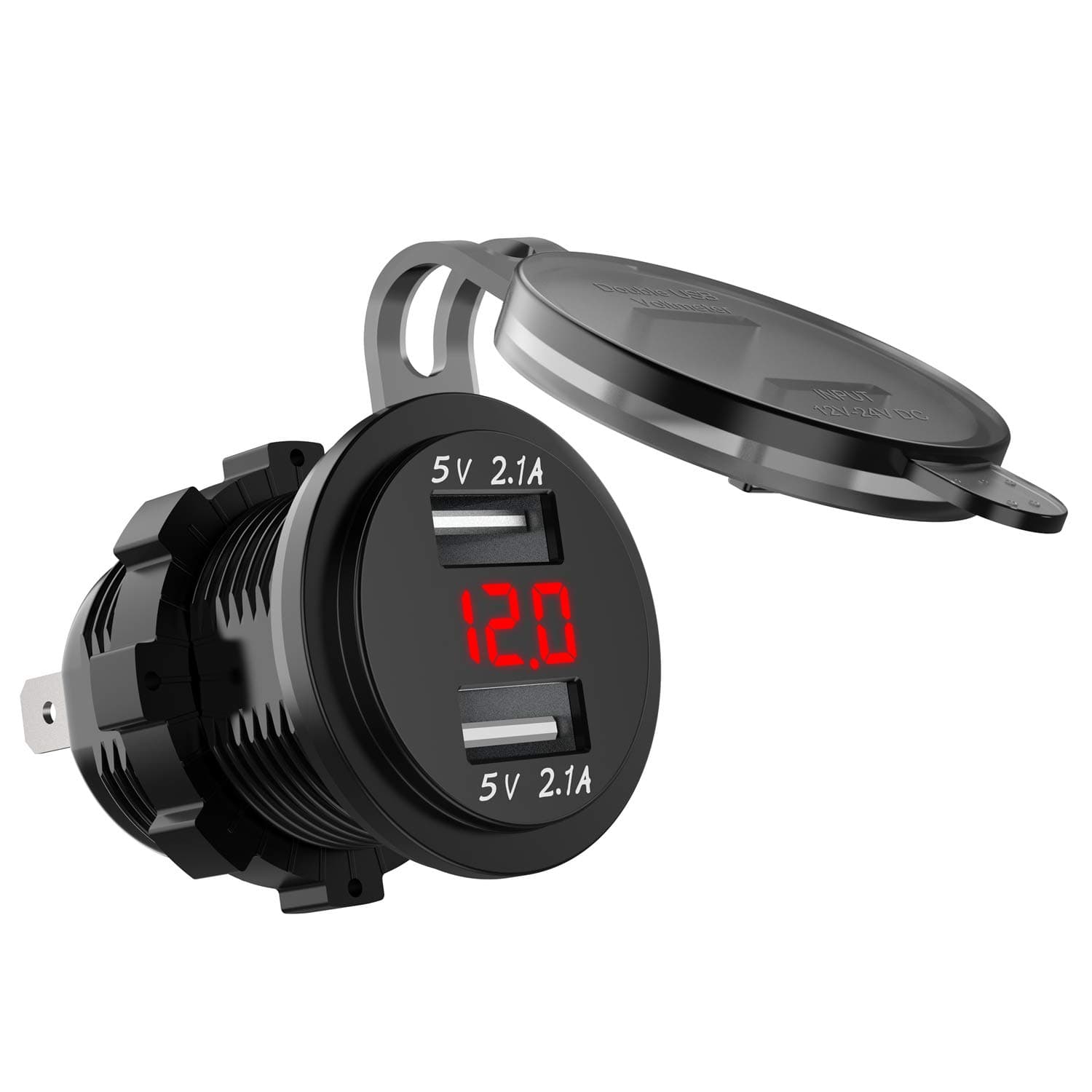 2 USB Charger Socket Power Outlet 2.1A & 2.1A with Red Voltmeter LED Digital Display for Car Boat Marine Mobile