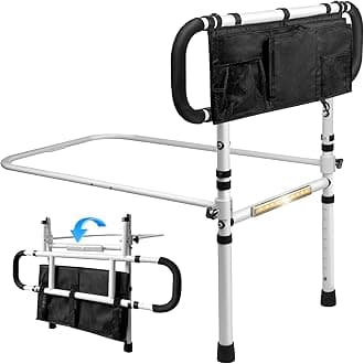 Bed Rails for Elderly Adults with Sensor Light, Adjustable Height & Extendable Bed Assist Rail, Folding Bed Grab Rail with Large Storage Pocket for Seniors, Heavy Duty Adult Bed Guard, 450LBS Capacity
