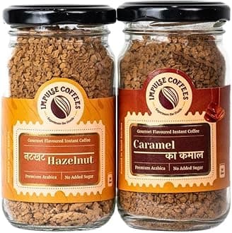 Impulse Coffees Pack of 2 Nutty Delight Combo | Caramel & Hazelnut | Instant Coffee Premix with Hazelnut & Caramel Coffee Powder | Arabica Beans |Flavoured Coffee for Hot & Cold Beverages | 50g Each
