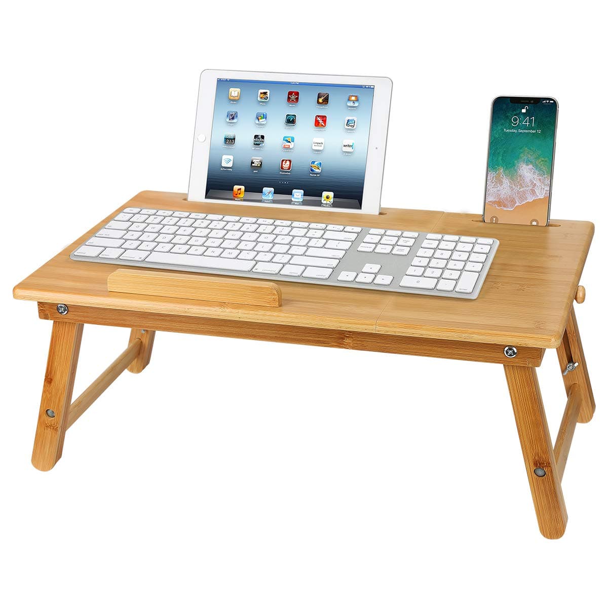 Foldable Large Bed Tray,Portable Bamboo Breakfast Tray,Adjustable Height Lap Desk Laptop Bed Desk with Drawer,Breakfast Tray，Multifunction Laptop Stand with Tablet & Phone Slots.