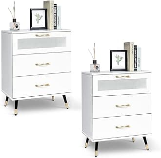 YIGOBUY White 3 Drawer Nightstand Set of 2 Wood Bedside Table Tall Nightstands with Glass & Gold Metal Legs End Side Table for Bedroom,Living Room(White, 21 inch)
