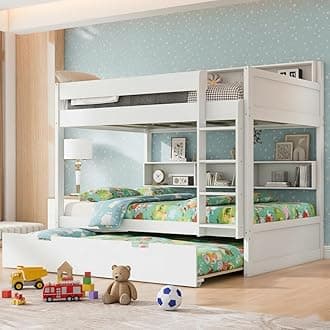 SOFTSEA Twin Over Twin Bunk Beds with Trundle and Shelves, Wood Bunk Bed with Storage Shelves and Guard Rail, Gray