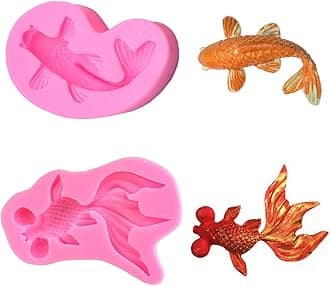 2Pcs/Set Koi Fish & Goldfish Fondant Mold, Carp Silicone Molds for Chocolate Candy Cake Cupcake Decoration Gum Paste Polymer Clay Soap Resin Crayon Melts