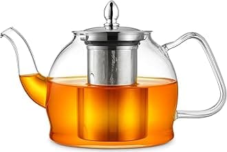 PluieSoleil Glass Teapot with Infuse 1200ml infusers for Loose Tea,Clear with 304 Stainless Steel Tea Strainer