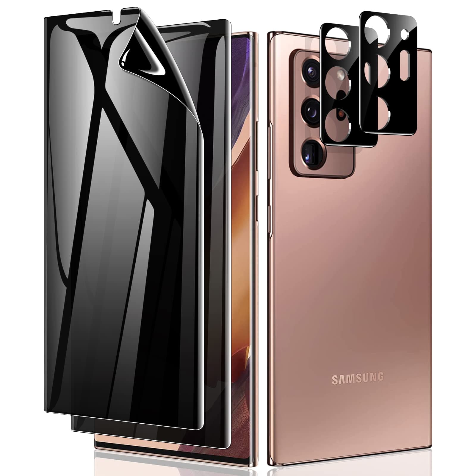 [2+2 Pack for Samsung Note 20 Ultra Privacy Screen Protector, [Support Fingerprint ID] Anti-Spy Black Full Adhesive Flexible Film + Camera Lens Glass Protector for Galaxy Note 20 Ultra