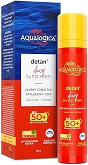 Detan+ Dewy Sunscreen SPF 50+ PA++++ with Cherry Tomato & HA - 50 g | Broad Spectrum SPF 50+ PA++++ | UVA/B & Blue Light Protection | Anti-Pollution Factor (APF) Technology | In Vivo Tested | Removes Tanning | Fragrance-Free & No White Cast | For Detan & Even Skin