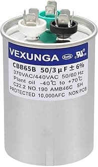 50/3 uF 50+3 MFD 370VAC or 440VAC Dual Run Start Round A/C Capacitor CBB65 CBB65B Air Conditioner Capacitors for AC Unit Fan Motor Start or Heat Pump or Condenser Straight Cool