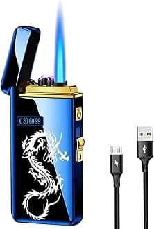 Arc Jet Flame Torch Lighter - 2 in 1 Electronic Refillable Butane, USB Rechargeable With Battery Indicator, Windproof Infinity Electric Plasma Cycle Charge (Blue Dragon)