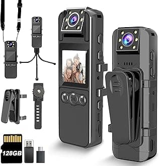 Body Camera with Audio Video Recording, 1080P HD, 180°Rotatable Lens, 6HR Battery, IR Cut Auto Night Vision, 128GB Camcorder