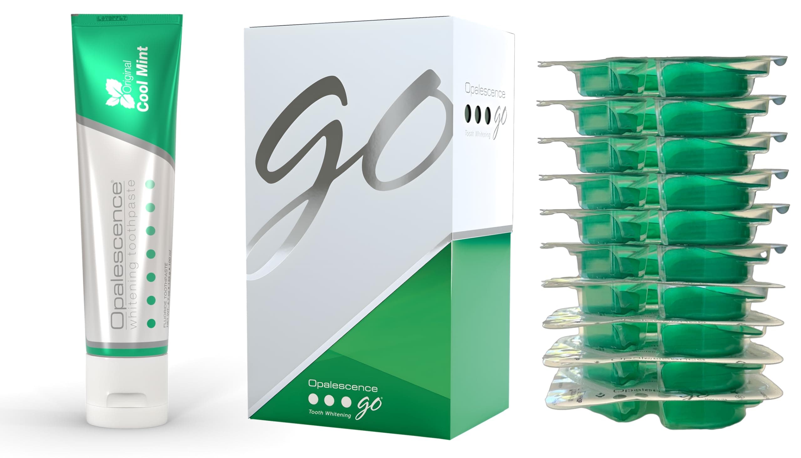 GO Teeth Whitening Prefilled Trays with Toothpaste Bundle (10 Trearments) 15% Hydrogen Peroxide Gel Plus Opalescence Whitening Toothpaste 4.7 Onz - Original Mint Flavor 5194-5166