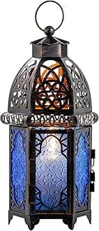 DECORKEY Vintage Candle Lantern, 12.8’’ Moroccan Style Decorative Metal Hanging&Tabletop Lantern, Ramadan Christmas Candle Holder Decorations for Home Outdoor Patio (Blue)