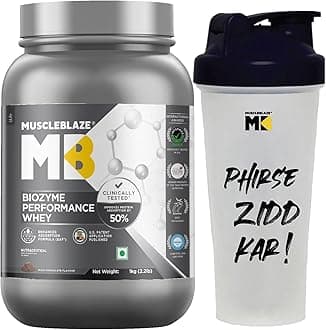 MuscleBlazeBiozyme Performance Whey Protein, (Informed Choice UK, Labdoor USA Certified) with US Patent Filed EAF® (Rich Chocolate, 1 kg / 2.2 lb) with Shaker, 650 ml (Combo Pack)