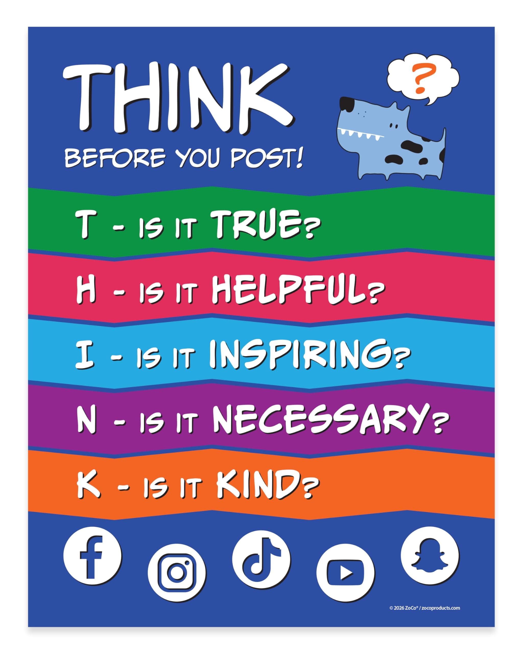 ZOCO – THINK Before You Post Poster – Stop Cyberbullying & Encourage Kindness – Growth Mindset & Digital Citizenship Chart – Laminated 17x22 – Middle School Classroom Decor for Teachers