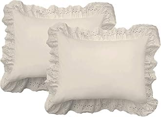 Ruffled Bed Pillow Shams with Embroidered Eyelet Detail, King, Ivory, 2-Pack