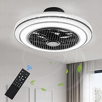22 Inch Enclosed Bladeless Ceiling Fans with Lights and Remote, Crystal Dimmable LED Brightness DC Motor Morden Low Profile Flush Mount Ceiling Fan with Light for Bedroom, Kitchen, Living/Dining Room
