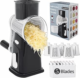 Ourokhome Cheese Grater Hank Crank Cheese Shredder, Mandoline Vegetable Slicer with 5 Interchangeable Blades and Strong Suction Base for Fruit, Vegetables, Nuts Black