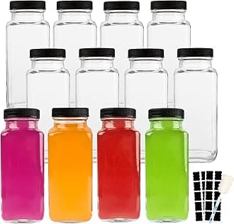 8.5 OZ Glass Drink Bottles, Set of 12 Vintage Glass Water Bottles with Lids, Great for storing Juices, Milk, Beverages, Kombucha and More (Labels and Sponge Brush Included)