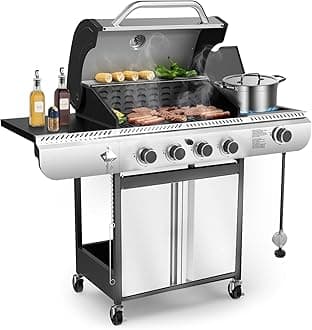 Electactic 4-Burner Gas Grill with Side Burner,Stainless Steel Propane Grill with Porcelain-Enameled Grills,Built-In Thermometer,42000BTU BBQ Grill for Outdoor Cooking and Patio Barbecues