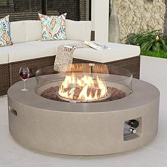 COSIEST Outdoor Propane Fire Pit Coffee Table w Gray 42 inch Round Base Patio Heater, Certified, 50,000 BTU Stainless Steel Burner, Wind Guard, Tank Outside, Free Lava Rocks, Waterproof Cover