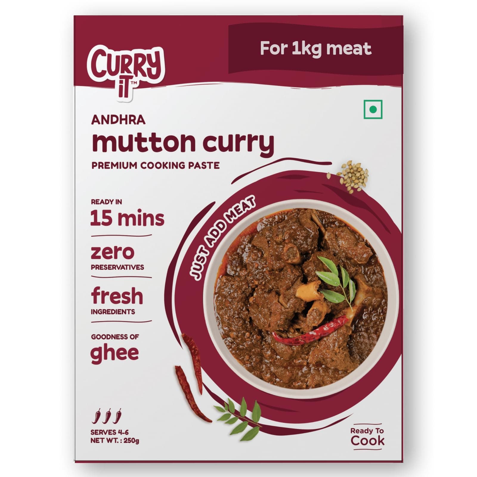 CURRYiT Instant Andhra Mutton Curry Paste | Just Add Lamb, Chicken, Fish | Ready in 15-30 Mins | Serves 6 | Made with Ghee | No Preservatives | Ready To Cook Indian Cooking Sauce | 8.8 oz