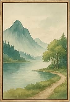 SIGNFORD Framed Canvas Print Wall Art Mountain Lake Path Serene Watercolor Landscape with Trees and River Trail Illustrations Modern Art Decorative for Living Room, Bedroom, Office - 16"x24" Natural