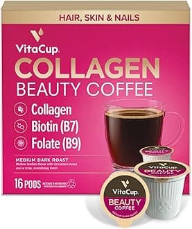 VitaCup Beauty Collagen Coffee Pods for Hair, Skin & Nails, with Biotin & Folate, Medium Dark Roast, Keto Friendly, Single Serve Pod Compatible with Keurig K-Cup Brewers,16 Ct