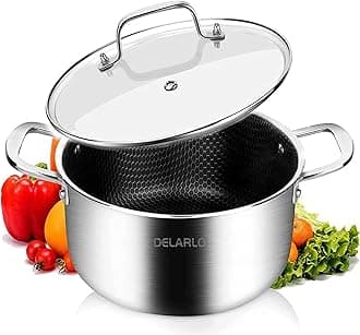 DELARLO Stainless Steel Stock Pot Induction Ready - 5 QT Cooking Pot 18/8 Food Grade Tri-ply Steel, Nonstick Honeycomb Soup Pot Stew Simmering Pot with Glass Lid, Dishwasher Safe