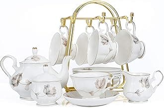 CHP 21-Piece Porcelain Ceramic Coffee Tea Gift Sets, Cups& Saucer Service for 6, Teapot, Sugar Bowl, Creamer Pitcher and 6 Teaspoons.
