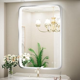 24x36 Inch LED Bathroom Mirror with Lights,Silver Metal Framed Brushed Lighted Vanity Mirror,Antifog Stepless Dimmable,Wall Mounted(Horizontal/Vertical)