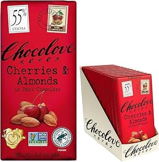 Cherry & Almonds Dark Chocolate Bars | 55% Cocoa | Infused with Real Cherries & Crunchy Almonds | Crafted with Premium Chocolate | 3.2 oz Bar (12 Pack)