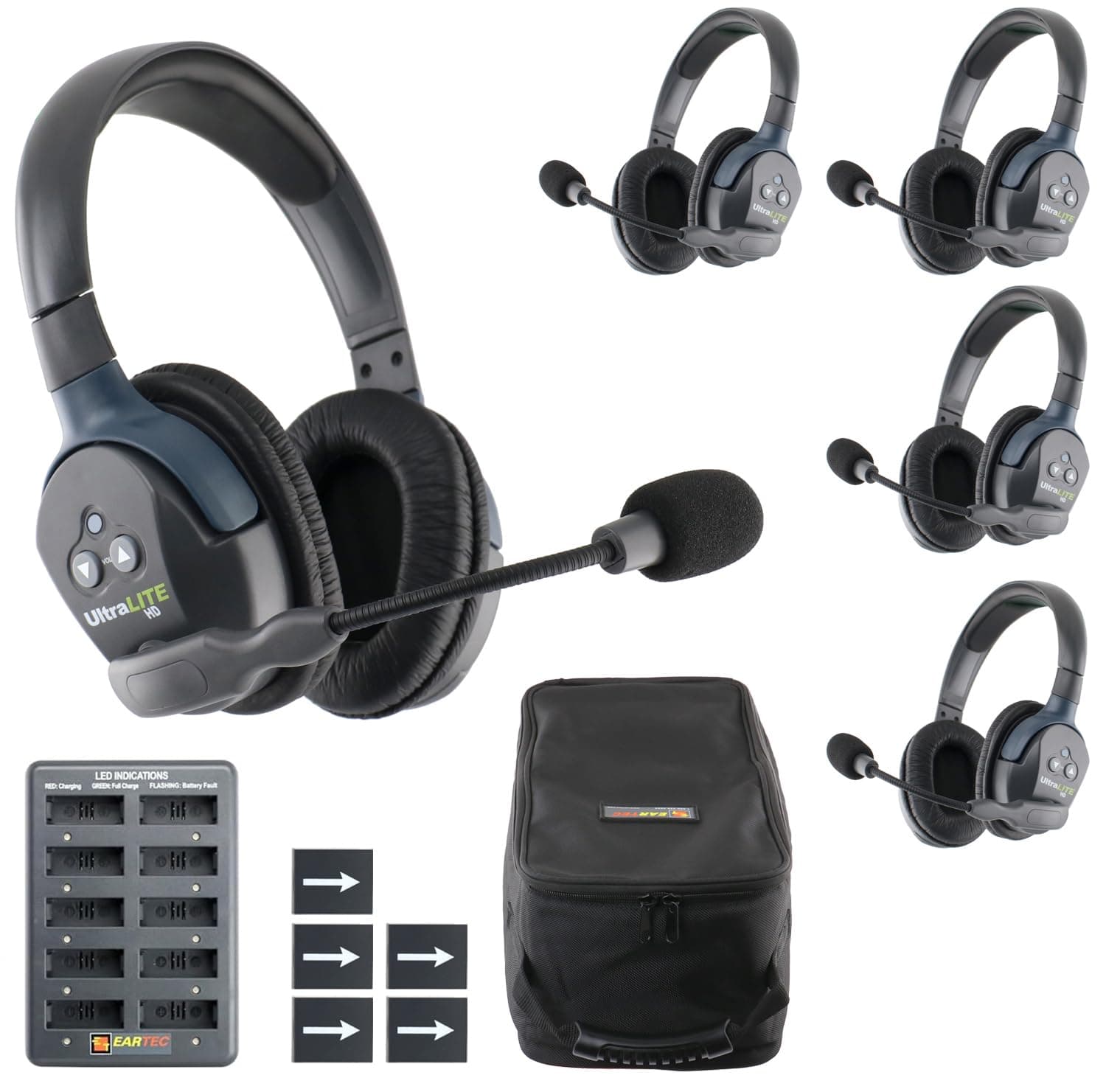 UL5D Ultralite-HD 5-Person Full Duplex Wireless Intercom Headset Communication System, Dual Ear Headsets, Up to 1000ft Range, U.S. Company