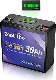12V 30Ah LiFePO4 Lithium Battery with Mini Voltmeter, 30A BMS, Deep Cycle Grade A Cells, Lightweight Lithium Iron Phosphate Battery for Ham Radio, Fish Finder, Solar, Scooters, Ride On Toy