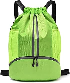 Drawstring Gym Bag for Men, Waterproof Drawstring Backpack for Women, Swim Bag with Shoes Compartment(Green)