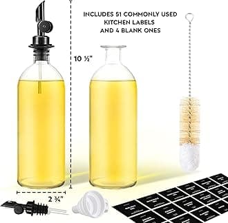 Olive Oil Dispenser Bottle - Includes 55 Kitchen Essential Labels - Cooking Oil Bottles for Kitchen, Coffee Syrup Dispenser - Pourer Spout with 16.9 fl oz Glass Container Cruet - 2pcs, Black