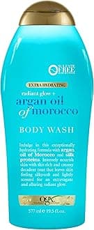 OGX Radiant Glow + Argan Oil of Morocco Extra Hydrating Body Wash for Dry Skin, Moisturizing Gel Cleanser for Silky Soft Skin, Body Wash for Women, Sulfate-Free Surfactants, 19.5 fl oz
