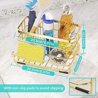 HapiRm Multifunctional Kitchen Sink Organizer with Removable Drain Tray, Quick Draining Rustproof Sink Caddy, Stainless Steel Sink Sponge Holder for Holds Sponge, Cleaning Towel and Scrubber-Golden