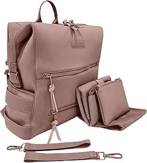 BUNSO Baby Neoprene Diaper Bag, Minimalist Backpack Diaper Bag with Pouch, Changing Pad, and Stroller Straps, Water Resistant and Lightweight Baby Girl Diaper Bag, Diaper Bag Backpack, Mauve